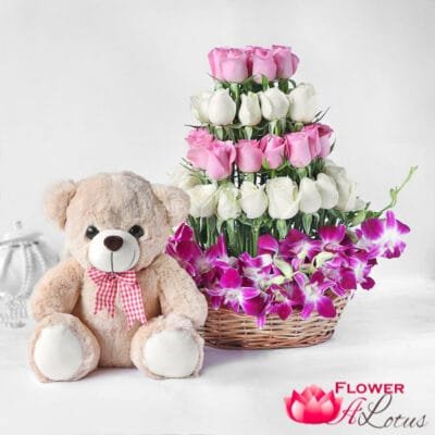 Dazzling Floral Basket With Teddy