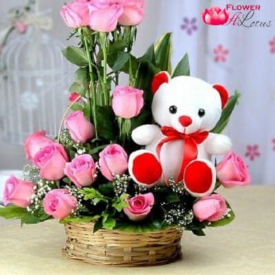 Lovely Rose N Teddy Basket