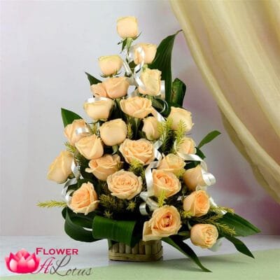 25 peach Roses In A Basket