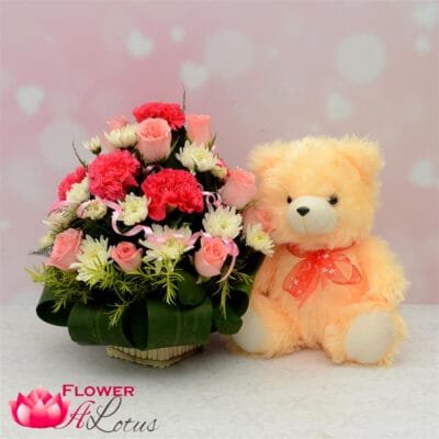 Arrangement With Cream Teddy Bear