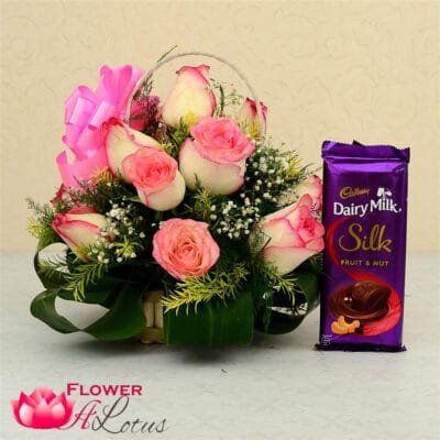Beautiful Pink Roses Basket With Silk