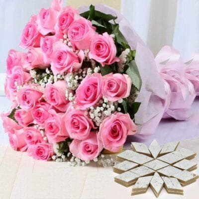 Bouquet Of Pink Roses with Kaju Barfi