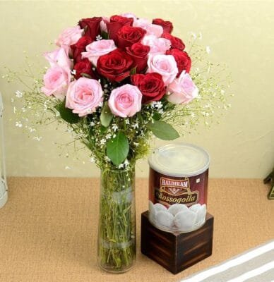 Red & Pink Roses in Glass Vase with Rasgulla