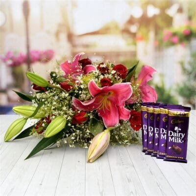 Roses Lilies & Dairy Millk Combo