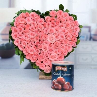 Gulab Jamun With Heart of Pink Rose Basket