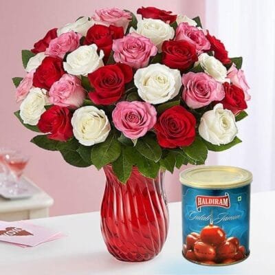 Gulabjamun with Multicolor Roses In A Vase