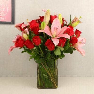 Beautiful Red Roses N Pink Lilies