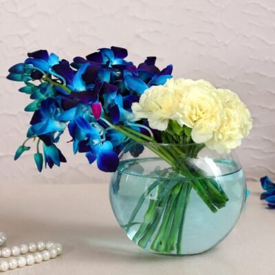 Orchids and Carnations Glass Vase Arrangement