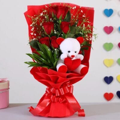 Bunch of 6 red roses & teddy bear arrangement