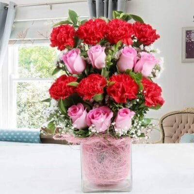 Red Carnation & Pink Roses In A Vase