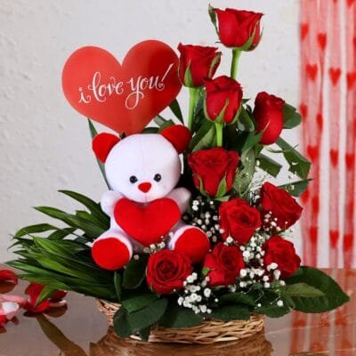 Teddy with Red rose and love tag arrangement