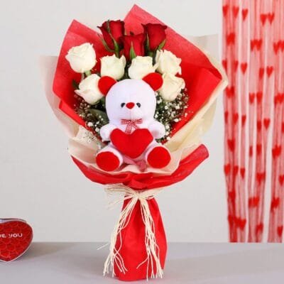 Teddy with red and white roses bouquet