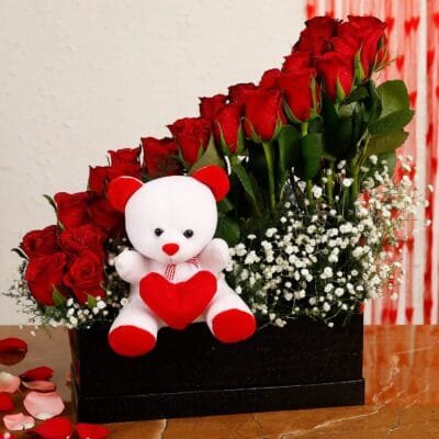 Teddy with red rose in a beautiful  black box