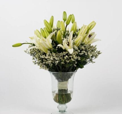 White Lilies & White Limoniums Glass Vase