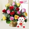 Assorted Roses Basket N Teddy